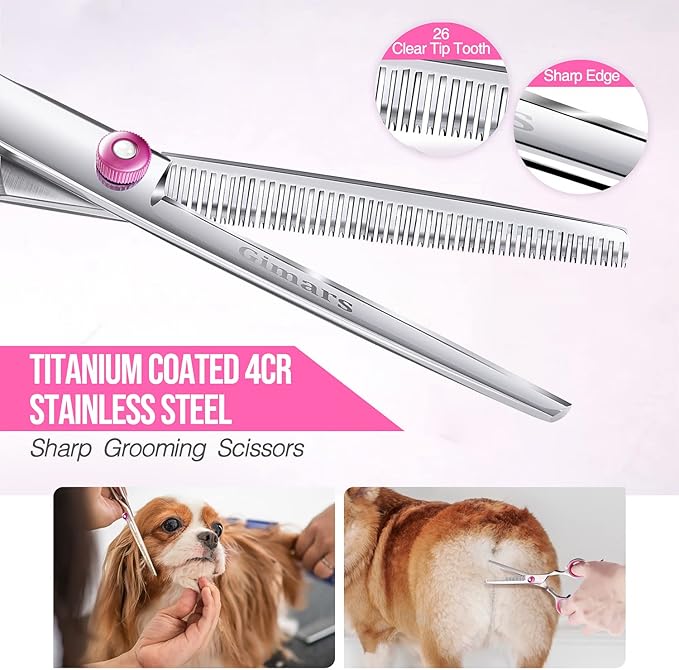 Gimars Dog Grooming Scissors Kit Professional 4CR with Safety Round Tip, 5 in 1 Heavy Duty Titanium Coated Thinning & Curved & Straight Shears