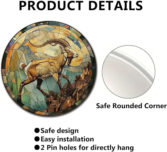 Lygond Metal Sign Tin Sign Circular Stained Glass Mountain Goat Wall Art for Bar 12×12 Inches