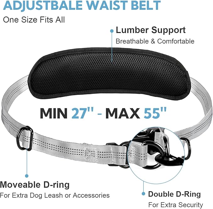 Hands Free Dog Leash, Adjustable Waist Belt with Double Padded Handles, Retractable Bungee for Medium & Large Dogs, Waist Leash for Dog Walking, Running, No Pull, Grey