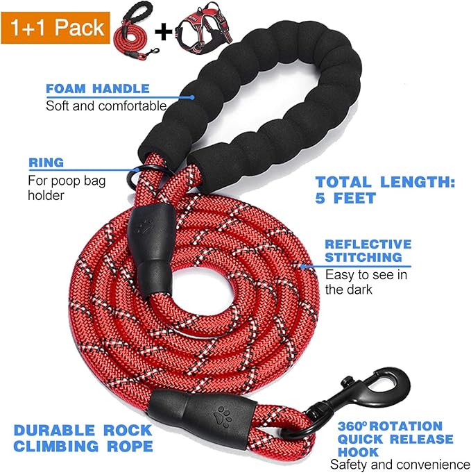 No Pull Dog Harness Adjustable Reflective Oxford Easy Control Medium Large Dog Harness with A Free Heavy Duty 5ft Dog Leash (XL (Neck: 21.5"-33", Chest: 30"-39.5"), Red Harness+Leash)