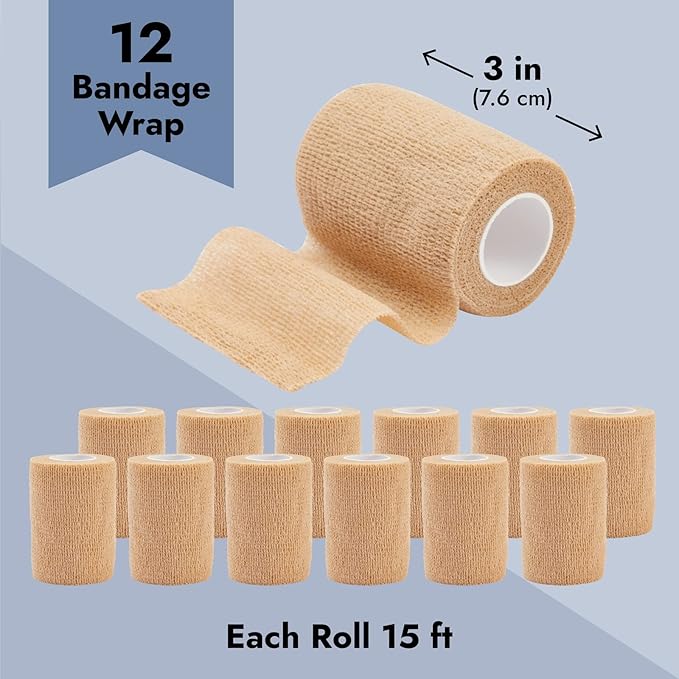 12-Rolls Self Adherent Bandage Wrap, Vet Tape - 3 in x 5 Yds Breathable, Elastic Cohesive Wrap Tape for Wrist, Swelling, Sports, Tattoo (Tan)