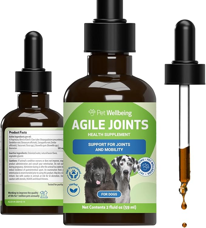 Pet Wellbeing Agile Joints for Dogs - Hip and Joint Health, Mobility, Devil’s Claw, Boswellia, Joint Ligament and Cartilage - Veterinarian-Formulated Herbal Supplement 2 oz (59 ml)