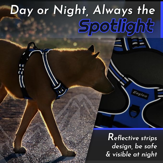 Eagloo Dog Harness for Large Dogs, No Pull Service Vest with Reflective Strips and Control Handle, Adjustable and Comfortable for Easy Walking, No Choke Pet Harness with 2 Metal Rings, Blue, L