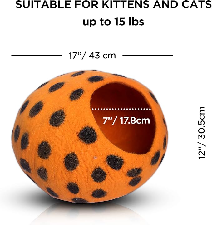 Woolygon Premium Felt Cat Cave Bed - Polka Dot Series - Wool Kitty Beds Handcrafted Kitten Caves Bed for Indoor Cats - Eco-Friendly Merino Wool, Foldable Cat Hideaway Cat Houses (Orange/Black Dots)