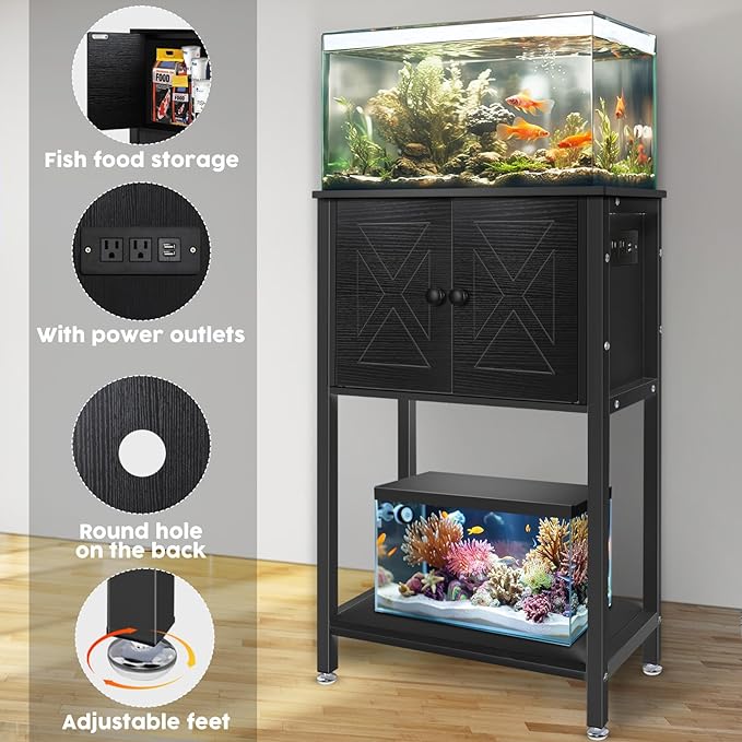 5-10 Gallon Fish Tank Stand, Heavy Duty Aquarium Stand with Cabinet & Power Outlets for Fish Tank Accessories Storage, Double Tank Stand 20.5" L* 11" W Tabletop, 220LBS Capacity Black