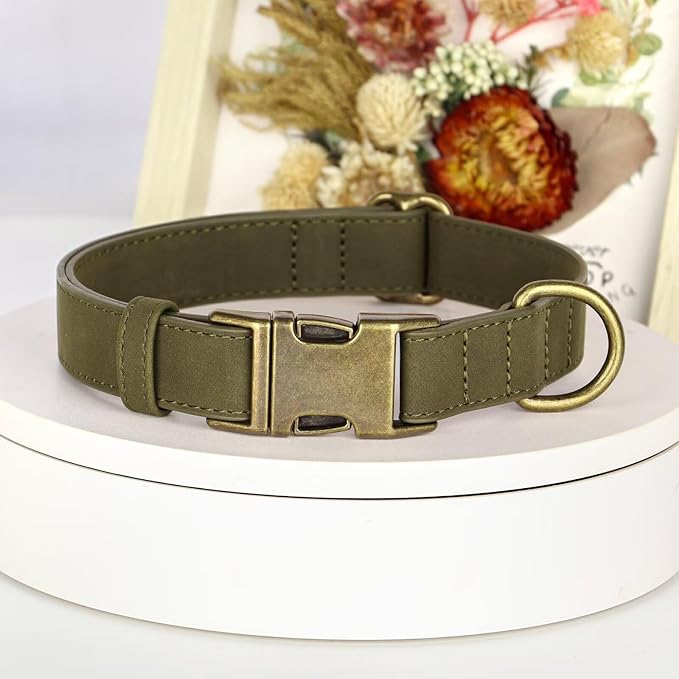Didog Soft PU Leather Dog Collar, Stylish Quick Released Dog Collars for Small Dogs, Easy Clean Adjustable Pet Collar for Daily Walking, Dark Green, S Fit 10-16" Neck