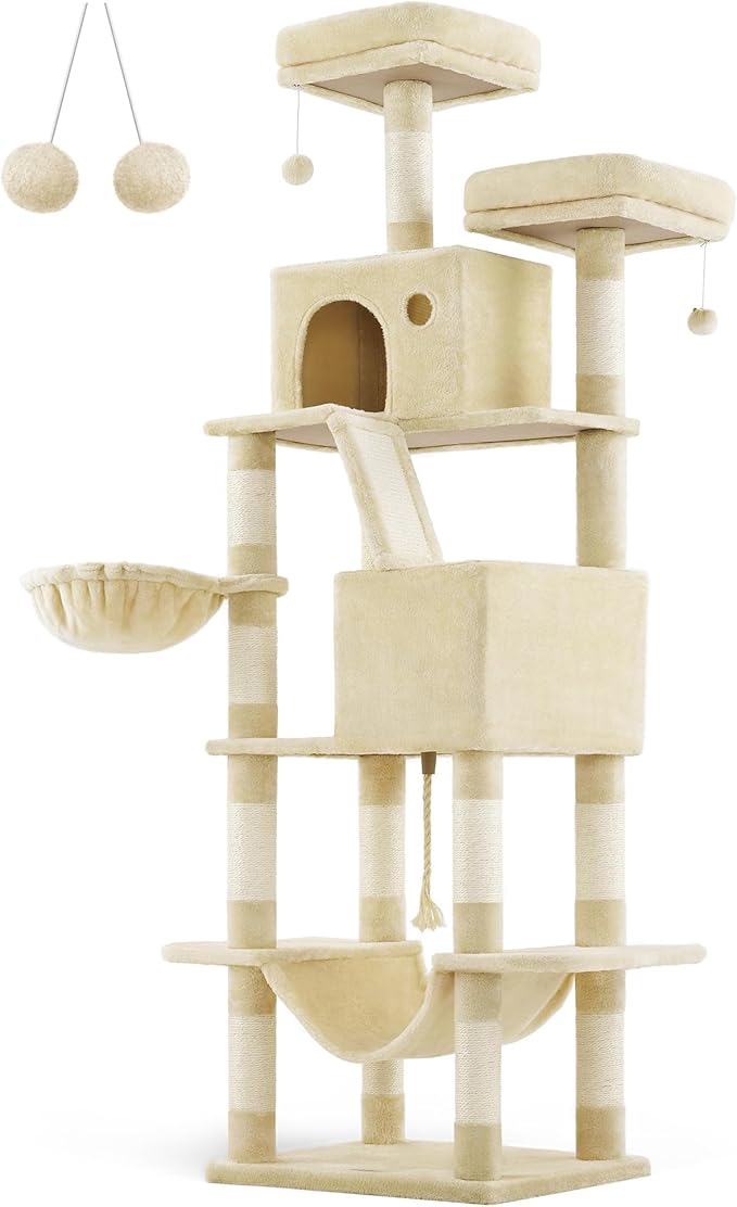 Feandrea Cat Tree, 81.1-Inch Large Cat Tower with 13 Scratching Posts, 2 Perches, 2 Caves, Basket, Hammock, Pompoms, Multi-Level Plush Cat Condo for Indoor Cats, Beige UPCT190M01