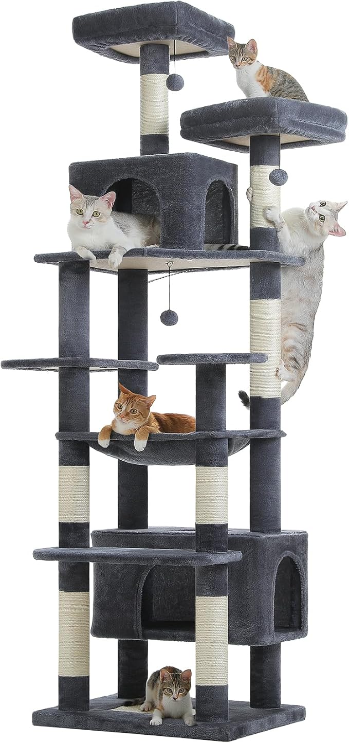 PAWZ Road Heavy Duty Cat Tree for Large Cats, 81 Inches Tall Cat Tower with 2 Perches, 2 Condos and Spacious Hammock, XL Extra Large Condo with 7 Scratching Posts for 20lb+ Adult Cats, Dark Gray