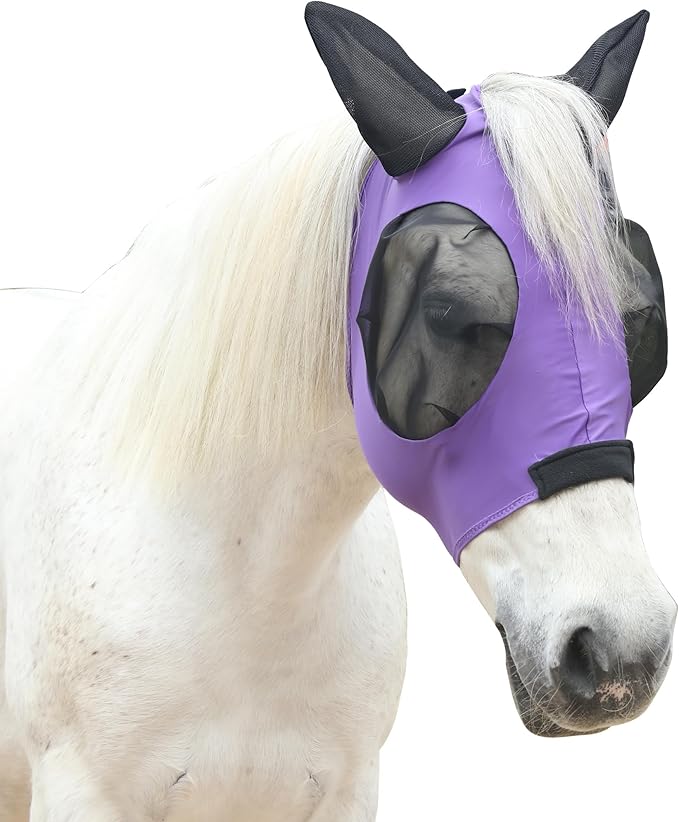 Stretchy Horse Fly Mask for Horses, Soft Lycra Equine Mesh Mask, Elasticity Horse Face Covering, Breathable&UV Protection, Violet, Cob