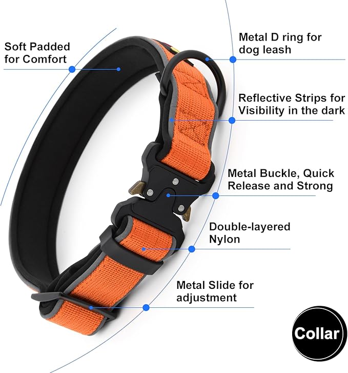 Plutus Pet Tactical Dog Collar, Reflective, Adjustable Heavy Duty Dog Collar, Soft Padded and Comfortable, for Small Medium and Large Dogs (Orange, XS)