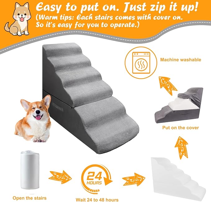 Dog Stairs&Steps for 30 Inches Tall High Bed, Pet Dog Ramp Ladder for Small Medium Dogs, Doggie, Old Cats, Kitty, Small Animals(Grey, Up to 30-36 Inch Tall Bed)