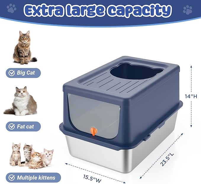 Litter Box with Lid, Stainless Steel Litter Box XL, 14" H Metal Cat Box with High Sides Wall Enclosure, Cat Pan, Non-Sticky, Easy Clean, Anti-Leakage, Blue