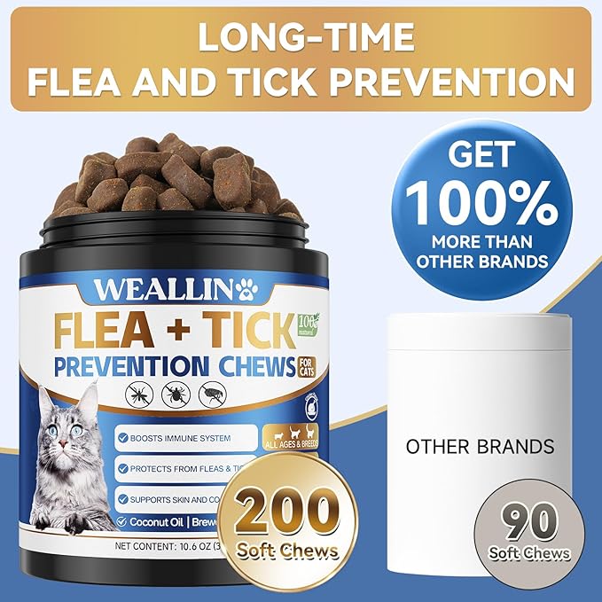 Flea and Tick Prevention for Cats, 200 Soft Chews for Fleas Treatment for Cats, Natural Cat Oral Flea Chewables Support Supplement, Flea and Tick Chews for All Breeds & Sizes