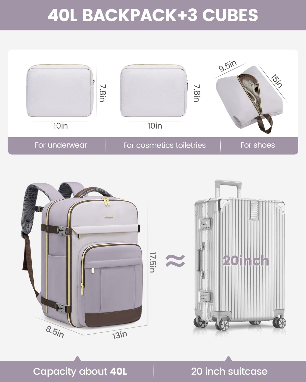 LOVEVOOK 40L Travel Backpack for Women & Men - 17.3 Inch Carry On Backpack & Personal Item Backpack for Airlines, Spacious and Durable Design, with 3 Packing Cubes