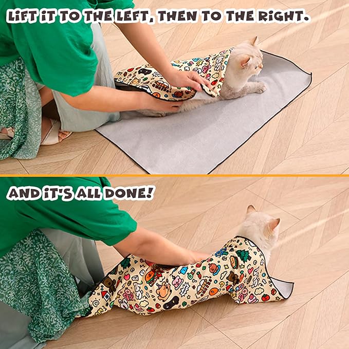 Cat Grooming Wrap, Self-Adherent Soft Cat Blanket to Wrap, Nail Clipping, Anti-Bite, Anti-Scratch, Anti-Escape Calming Wrap (Cute Prints, 0-3 lbs)