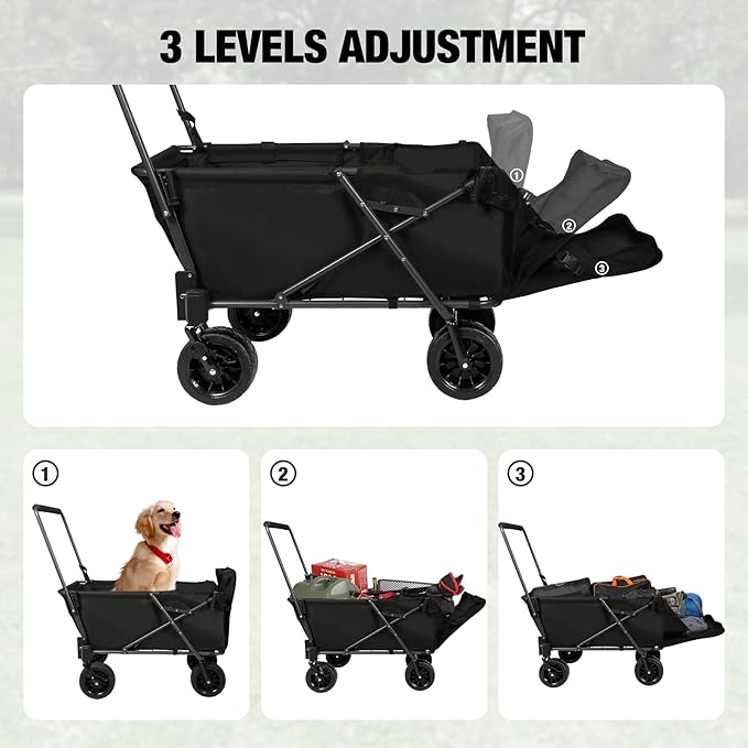 REDCAMP Folding Dog Wagon Cart with Extendable Rear End Heavy Duty, 220L Large Collapsible Utility Cart Dog Stroller with Tailgate for Sports Shopping Pet, Black