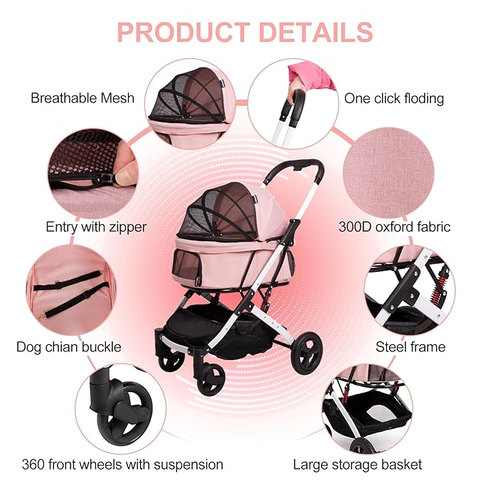 Pet Stroller for Medium Small Dog & Cat, Foldable Lightweight Dog Stroller with Storage Basket Pet Travel Carriage with Safety Leashes, 4 Wheel, Pink