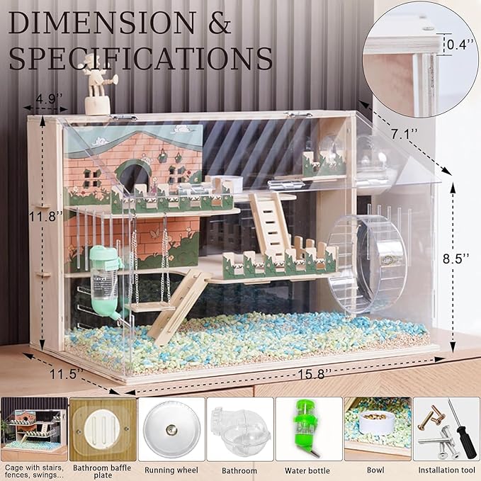 11 in 1 Wooden Hamster Cage with All Accessories, 15.8 Inch 3-Layer Dwarf Hamster Cage Acrylic,Small Animal Cages, Pastoral Style Mouse Cage for Pet Mice, Hedgehog, with Stairs, Fences and Swing