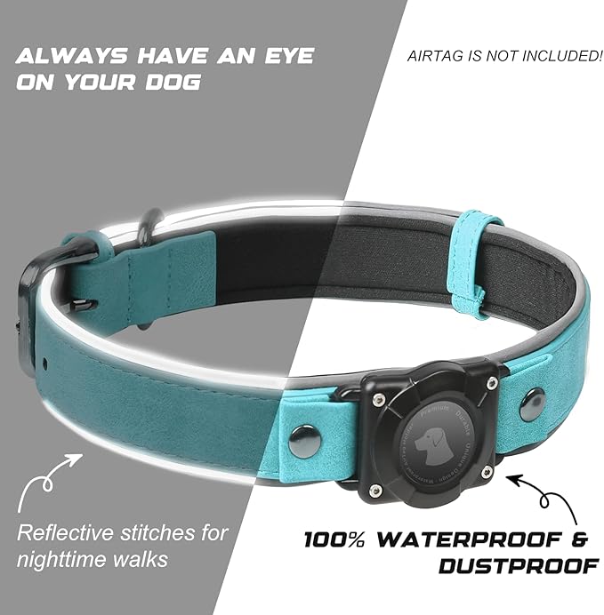 AirTag Dog Collar - Leather Dog Collar with Air Tag Holder | IPX8 Waterproof, Reflective, High - End, Adjustable Soft Padded | Dog GPS Tracker Collars Fit for Medium Large Dogs (Light Blue, M)