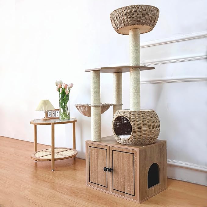 56.7" Tall Rattan Cat Tree for Indoor Cats, Multi-Level Wooden Cat Tower with Scratching Posts, Large Cat Climbing Furniture with Perches