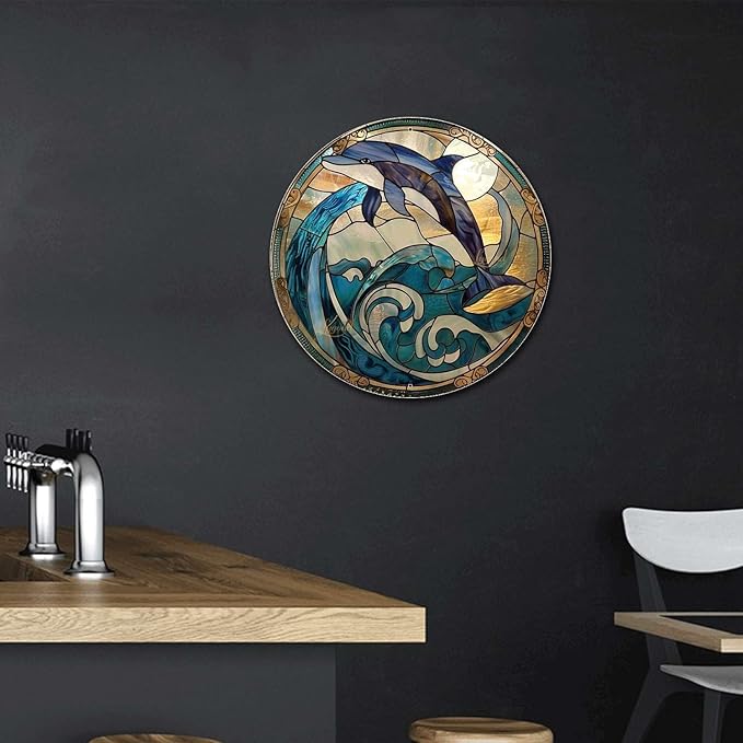 Lygond Metal Sign Tin Sign Circular Stained Glass Dolphin Wall Art for Restaurant 8×8 Inches