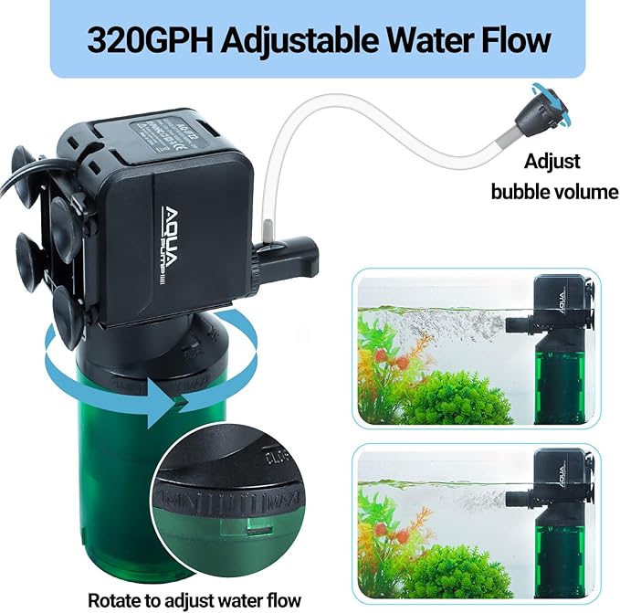 Oiibo 3-in-1 Adjustable Aquarium Filter for 40-150 Gallon, Internal Ceramic Balls&Bio-Sponges Power Water Filter with Air Tube, Silent Submersible Filter, 320GPH (Filter)