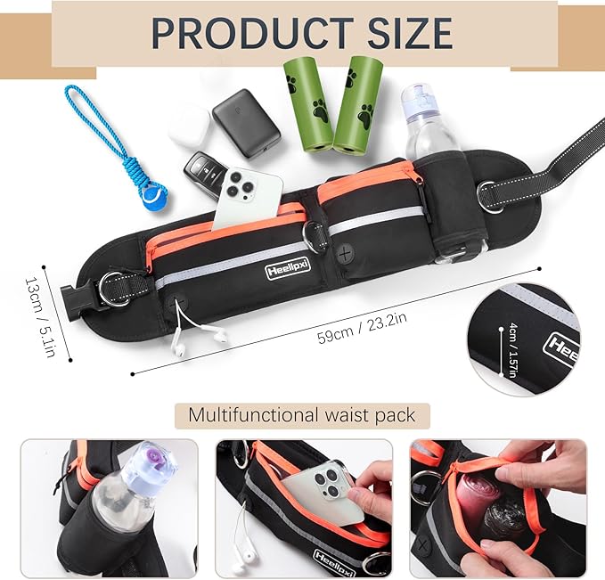 Hands-Free Waist Leash with Pouch for Two Dogs: Reflective Stitching, Dual Handle & Bungee Retractable Design – Ideal for Medium to Large Dogs (Orange) – Dog Walking Accessories