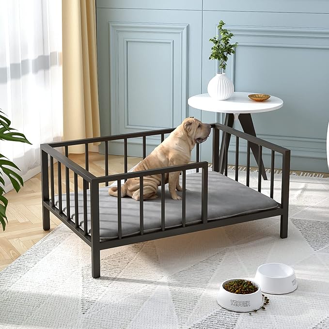 Dog Bed with Rails - Elevated Pet Metal Bed Frame with Solid Wood Board and Washable Soft Mat for Medium Dog Indoor or Outdoor Use, 25.2" x 37.8", Black
