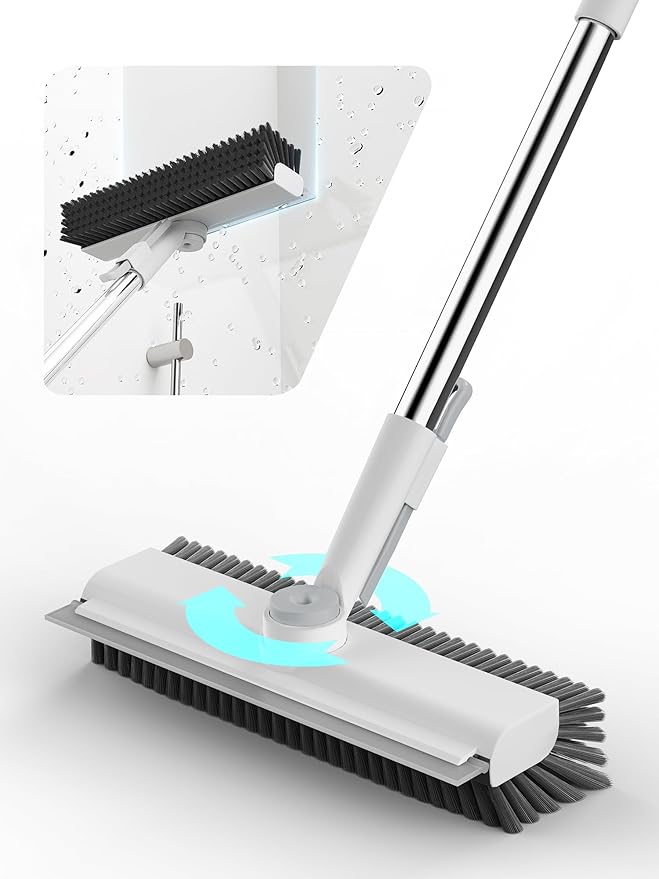 Floor Scrub Brush with Long Handle, 3 in 1 Scrape and Heavy-Duty Stiff Bristle Floor Scrubber Brush with Squeegee and Tweezer for Cleaning Tile Wall Deck Bathroom Patio Garage Kitchen (White)