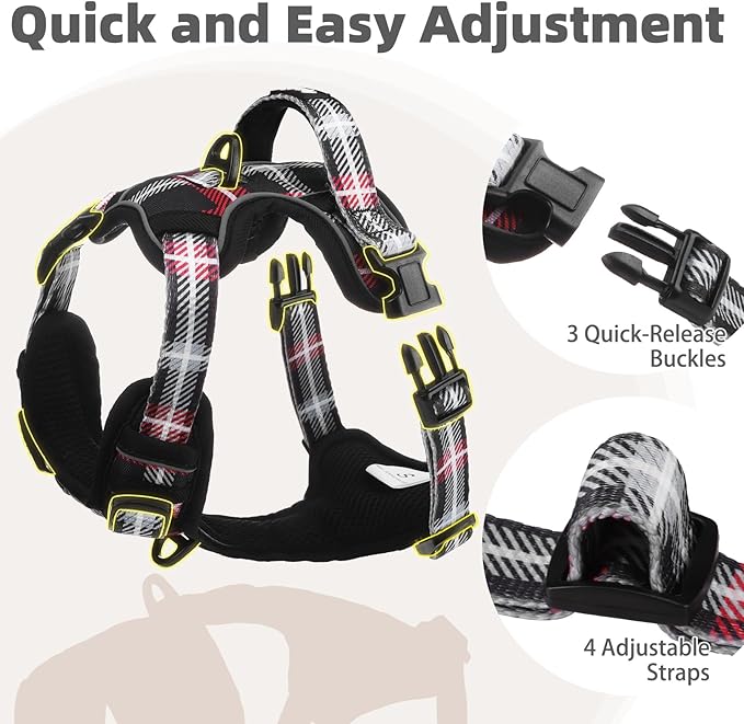 PUPTECK No Pull Dog Harness Small Sized, Adjustable Reflective Dog Harness with Handle Easy Control, Comfortable Soft Padded Pet Vest Harness for Small Dogs, Plaid Black M
