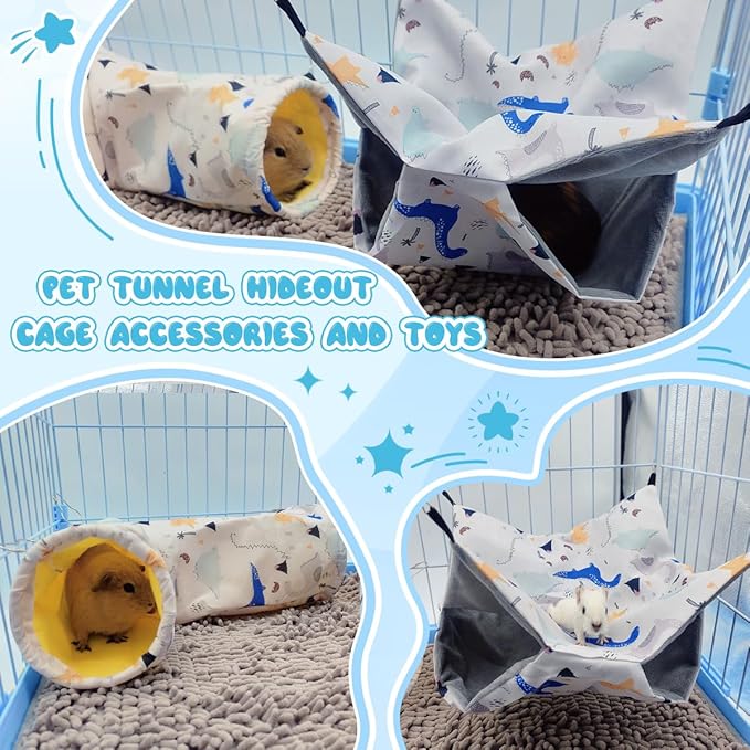 Large Caliber Guinea Pig Tunnel Hideout & Hammock, Rat Cage Corner Toy for Ferret Hedgehog Piggy to Hide and Shuttle (1. Tunnel-Dinosaur)