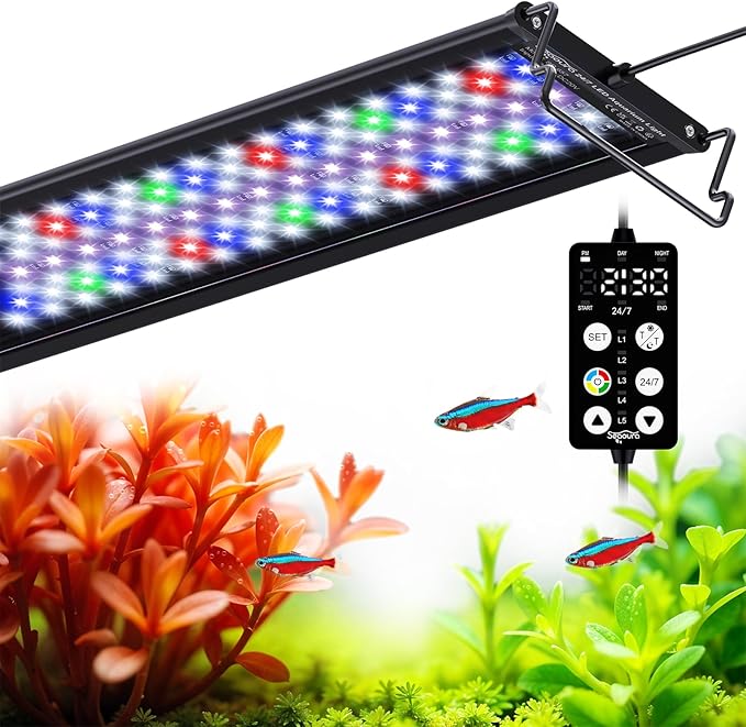 Aquarium Plant Light, 24/7 Programmable, Power-Off Memory, 7-Row LED 18-24in SEAOURA Full Spectrum Fish Tank Lights, 8 Colors, 20 Brightness Dimmable, Day & Night Cycle, Adjustable Bracket