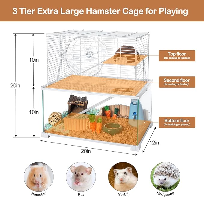 OIIBO 3 Tiers Large Hamster Cages Glass, Heightened Wire Topper with Two Shelf and Two Ladders Ramps, Openable Top, Easy to Clean Removeable Waterproof PVC Tray Medium