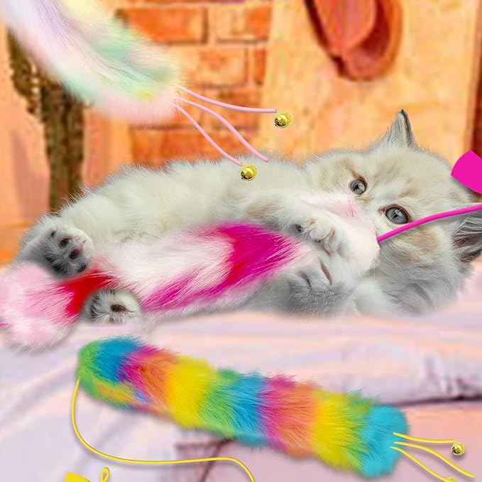 3 Pack Cat Wand Toy, Rainbow Cat Feather Toys with Bells, Teaser Wand with Soft Furry Tail, Interactive Toys for Indoor Cats & Kitten & Kitty