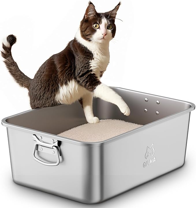 Stainless Steel Litter Box with Handle, Large Metal Cat Litter Box with High Sided for Big and Small Cats, Kitty Litter Boxes, Non-Stick, Easy to Clean, Odor-Free, Cat Toilet，Litterbox