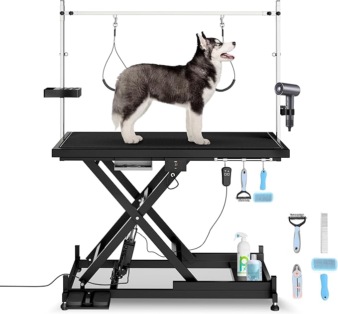 Electric Pet Grooming Table for Large Dogs - Professional Heavy Duty Height Adjustable Pet Grooming Station with Anti Slip Tabletop, Two Nooses & Tool Organizer, Maximum Capacity Up to 250 lbs Black