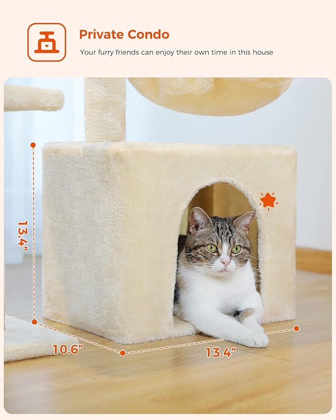 PEQULTI Small Cat Tree, [28.5''] Cat Tower for Indoor Cats, 2 Styles Activity Tree with Cat Scratching Posts, Big Hammock and Removable Top Perch Beige