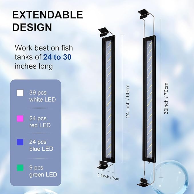 Led Aquarium Light, Full Spectrum Fish Tank Lights, 30 Inch Freshwater Fishtank Hood Lighting for Grow Fish, Plants, Adjustable from 24 to 30in