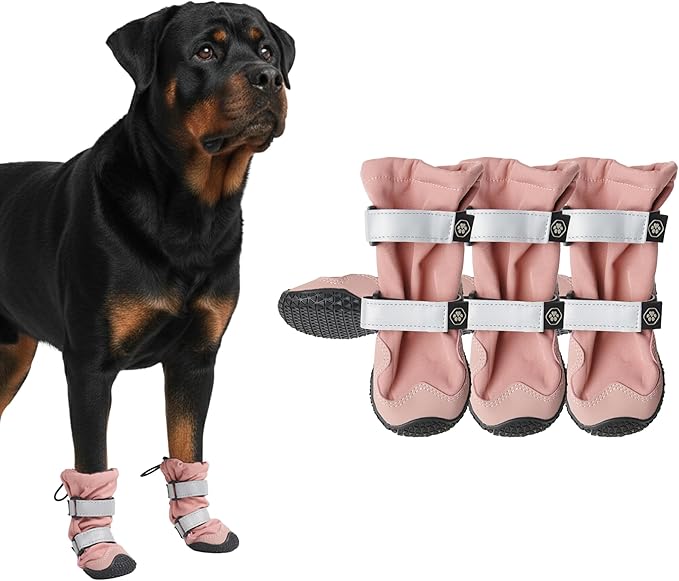 Spark Paws Dog Shoes, Waterproof Dog Boots for Medium to Large Dogs, Non Slip, Breathable Dog Booties and Paw Protectors - 4PCS Doggie Hiking Boots with Reflective Straps - Pink - Size 7