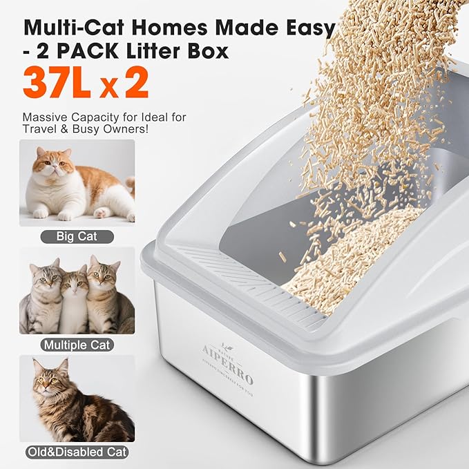 2 Pack Stainless Steel Litter Box | XL Enclosed Cat Litter Boxes with Lid for Big Cats and Multi-Cats | High Sided, Anti-Urine Leakage | Non-Stick Bottom（Silver Gray）