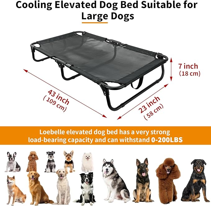 Elevated Dog Bed Large Sized Dog Cots Beds for Large Dogs Foldable Raised Dogs Beds Outdoor Cooling Chew-Proof, No Assembly Need, Black