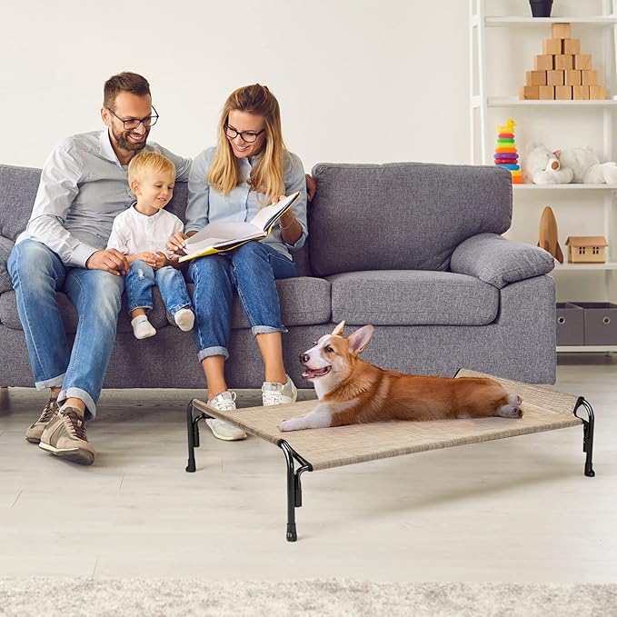 Veehoo Outdoor Elevated Dog Bed, Raised Dog Cot for Small Medium Dogs, Cooling Washable Waterproof Pet Hammock Beds with Slope Headrest, Breathable Mesh and Sturdy Frame, M, Beige Coffee, CWC2204