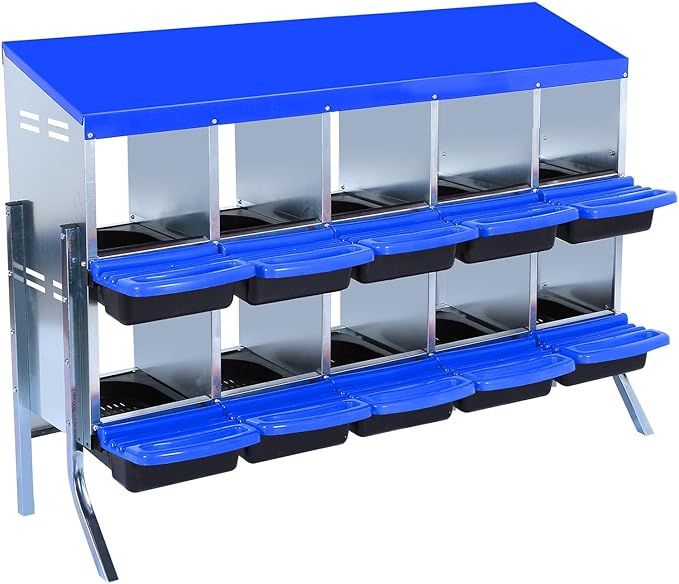 Chicken Nesting Boxes, 10 Hole Metal Chicken Laying Box with with Removable Trays and Roll Out Egg Collection for Chicken Coop, with Metal Bracket, Blue