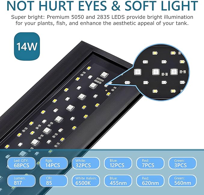 hygger Clip On 24/7 Lighting Aquarium LED Light,Sunrise-Daylight-Moonlight and DIY Mode, Adjustable Timer/Brightness Fish Tank Light with 7 Colors for Planted Tank (14W for 12~20in Tank)
