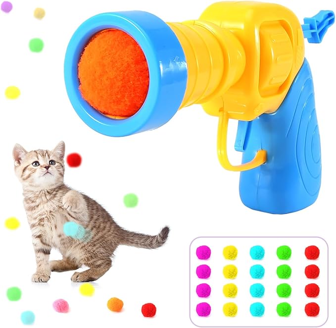 21Pcs Cat Ball Toy Launcher - Includes 20 Colorful Plush Cat Balls and Exciting Launcher Set，Funny Interactive Cat Toys for Bored Indoor Adult Cats, Cute Kitten Kitty Toys