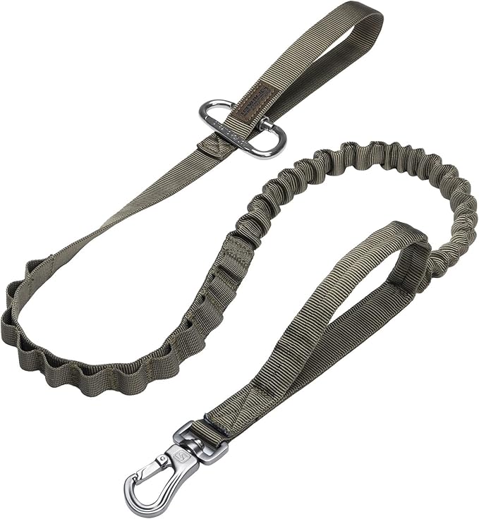 Excellent Elite Spanker Tactical Bungee Dog Leash Military Adjustable Dog Leash Quick Release Elastic Leads Rope with 2 Control Handle(Ranger Green)