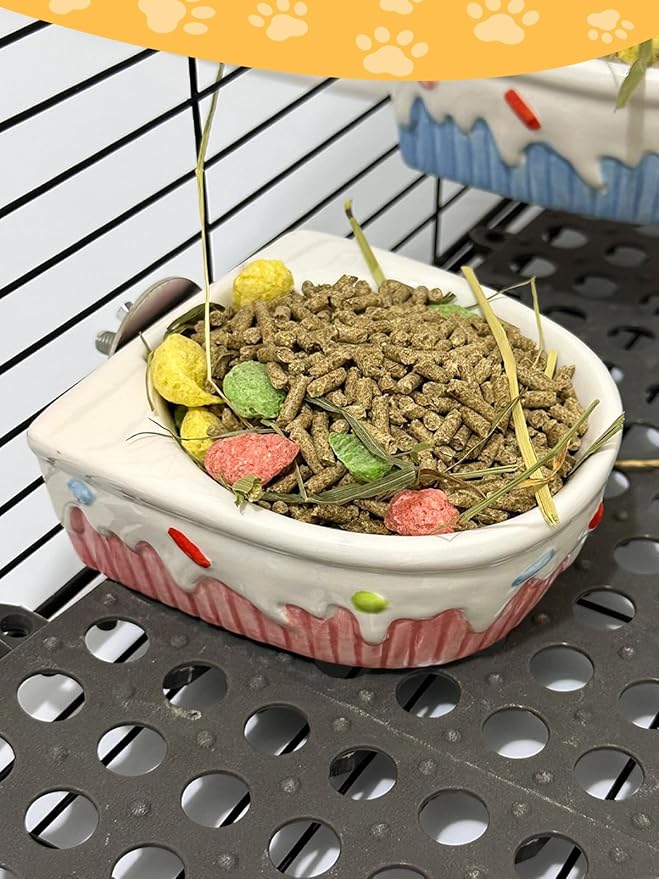 Chinchilla Food Bowl Ceramic Guinea Pig Cage Feeder Hanging Bunny Food Dish Small Animal Feeding Bowls for Syrian Hamster Ferret Gerbils (Pink)