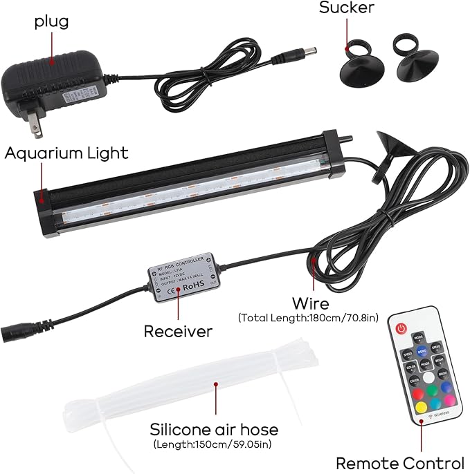 Submersible Bubble Aquarium Light：RGB Aquarium Light with Remote Control Oxygenator for Saltwater Coral Growth - 9 Inch Waterproof Fish Tank Light Designed for Aquarium Breeders