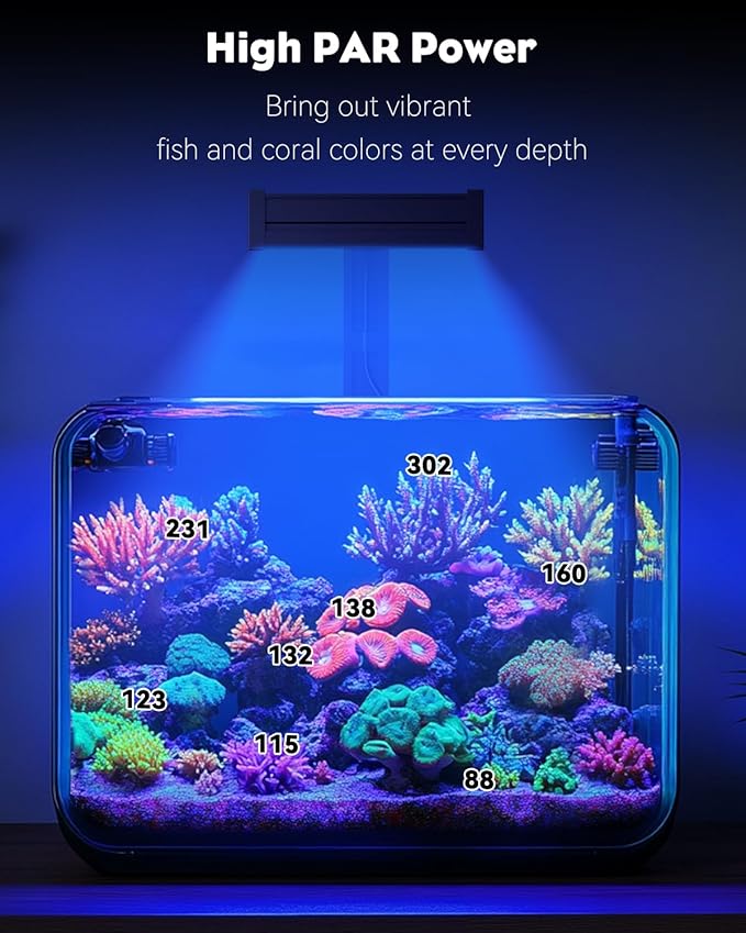 Pawfly 50 W Saltwater Aquarium Light for SPS & LPS Corals, Clip-On Dimmable LED Reef Light with Adjustable Brightness, Day/Night Modes, Timer, Blue RGB Violet UV Lighting for Marine Fish Tanks