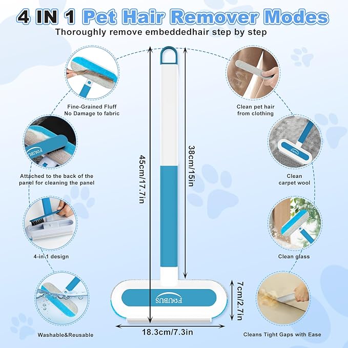 Multifunctional Pet Hair Remover Tool, 4 in 1-Reusable Washable Long Handle Dog&Cat Fur Hair Remover for Furniture,Carpet,Couch,Clothes,Bedding,Car,Window,Better Than Lint Rollers, with 2 Scrapers